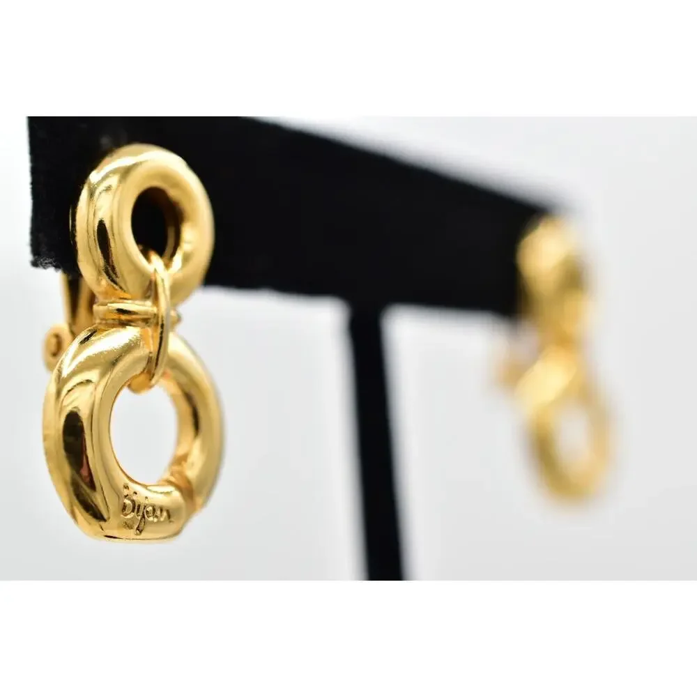 Bijan Vintage Clip On Earrings Chunky Gold Dangle Door Knocker Signed 1980s 9L